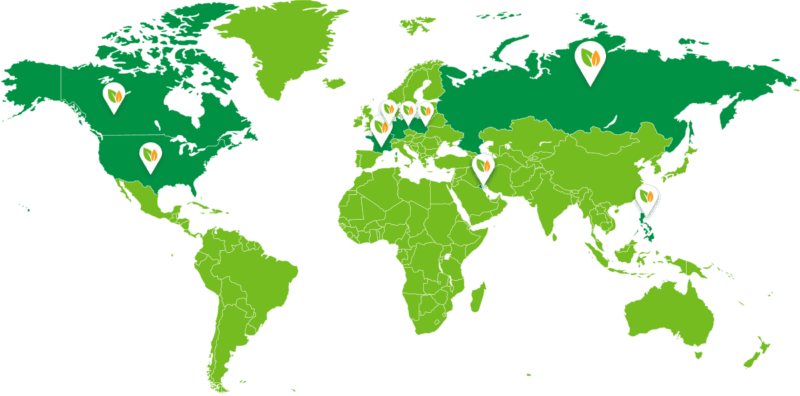 Hartă mondială cu țările către care exportă Just Green Organic