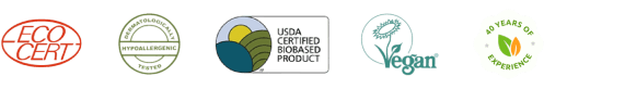 ECOCERT, dermatologically tested, USDA certified biobased, vegan, and 40 years of experience
